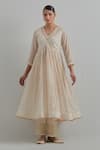 Buy_Ikshita Choudhary_White Chanderi Embroidery V-neck Block Print Anarkali Set 