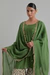 Shop_Ikshita Choudhary_Green Chanderi, Cambric, Cotton Embroidery Round Neck Kurta Gharara Set _Online_at_Aza_Fashions