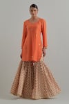 Shop_Ikshita Choudhary_Orange Chanderi, Cambric, Cotton Embroidery Block Printed Kurta Gharara Set _Online_at_Aza_Fashions