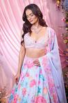 Label Priyanka Kar_Blue Georgette Embroidery, Sequins Sweetheart Neck Floral Hand Lehenga Set _Online_at_Aza_Fashions