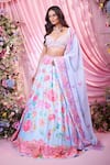 Shop_Label Priyanka Kar_Blue Georgette Embroidery, Sequins Sweetheart Neck Floral Hand Lehenga Set _Online_at_Aza_Fashions