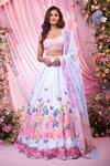 Buy_Label Priyanka Kar_Blue Satin, Georgette Sequins, Embroidery Round Neck Floral Lehenga Set _at_Aza_Fashions