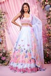 Label Priyanka Kar_Blue Satin, Georgette Sequins, Embroidery Round Neck Floral Lehenga Set _at_Aza_Fashions