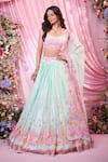 Buy_Label Priyanka Kar_Green Chinon, Georgette Embroidery Round Neck Floral Lehenga Set _at_Aza_Fashions