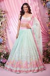 Buy_Label Priyanka Kar_Green Chinon, Georgette Embroidery Round Neck Floral Lehenga Set _Online_at_Aza_Fashions