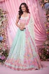 Shop_Label Priyanka Kar_Green Chinon, Georgette Embroidery Round Neck Floral Lehenga Set _Online_at_Aza_Fashions