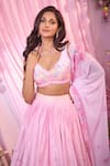 Label Priyanka Kar_Pink Chinon, Georgette Embroidery Plunge Neck Floral Hand Lehenga Set _Online_at_Aza_Fashions
