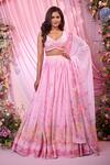Buy_Label Priyanka Kar_Pink Chinon, Georgette Embroidery Plunge Neck Floral Hand Lehenga Set _at_Aza_Fashions