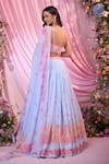Shop_Label Priyanka Kar_Blue Chinon, Georgette Embroidery Round Neck Floral Hand Lehenga Set _at_Aza_Fashions