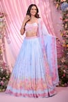 Shop_Label Priyanka Kar_Blue Chinon, Georgette Embroidery Round Neck Floral Hand Lehenga Set _Online_at_Aza_Fashions