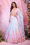 Buy_Label Priyanka Kar_Blue Satin, Georgette Embroidery Plunge Neck Floral Hand Lehenga Set _Online_at_Aza_Fashions