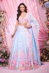Buy_Label Priyanka Kar_Blue Satin, Georgette Embroidery Plunge Neck Floral Hand Lehenga Set _at_Aza_Fashions