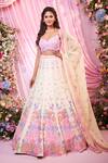 Buy_Label Priyanka Kar_Multi Color Satin, Georgette Embroidery Plunge Neck Floral Hand Lehenga Set _at_Aza_Fashions