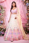 Shop_Label Priyanka Kar_Multi Color Satin, Georgette Embroidery Plunge Neck Floral Hand Lehenga Set _Online_at_Aza_Fashions