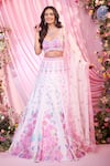 Label Priyanka Kar_White Satin, Georgette Sequins, Beads, Embroidery Floral Hand Lehenga Set _Online_at_Aza_Fashions