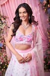 Shop_Label Priyanka Kar_White Satin, Georgette Sequins, Beads, Embroidery Floral Hand Lehenga Set _Online_at_Aza_Fashions