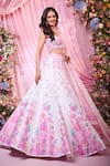 Label Priyanka Kar_White Satin, Georgette Sequins, Beads, Embroidery Floral Hand Lehenga Set _at_Aza_Fashions