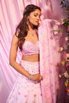 Label Priyanka Kar_Pink Satin, Georgette Sequins, Embroidery Plunge Neck Floral Lehenga Set _Online_at_Aza_Fashions