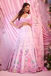 Shop_Label Priyanka Kar_Pink Satin, Georgette Sequins, Embroidery Plunge Neck Floral Lehenga Set _Online_at_Aza_Fashions