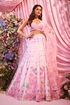 Label Priyanka Kar_Pink Satin, Georgette Sequins, Embroidery Plunge Neck Floral Lehenga Set _at_Aza_Fashions