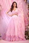 Buy_Label Priyanka Kar_Pink Chinon, Georgette Sequins, Embroidery Plunge Neck Floral Hand Lehenga Set _Online_at_Aza_Fashions