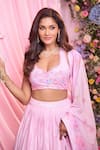 Shop_Label Priyanka Kar_Pink Chinon, Georgette Sequins, Embroidery Plunge Neck Floral Hand Lehenga Set _Online_at_Aza_Fashions