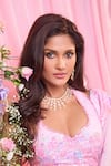 Label Priyanka Kar_Pink Chinon, Georgette Sequins, Embroidery Plunge Neck Floral Hand Lehenga Set _at_Aza_Fashions