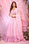 Buy_Label Priyanka Kar_Pink Chinon, Georgette Sequins, Embroidery Plunge Neck Floral Hand Lehenga Set 