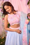 Buy_Label Priyanka Kar_Blue Chinon, Georgette Embroidery Round Neck Floral Lehenga Set _Online_at_Aza_Fashions
