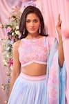 Shop_Label Priyanka Kar_Blue Chinon, Georgette Embroidery Round Neck Floral Lehenga Set _Online_at_Aza_Fashions