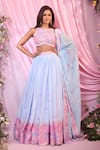 Label Priyanka Kar_Blue Chinon, Georgette Embroidery Round Neck Floral Lehenga Set _at_Aza_Fashions