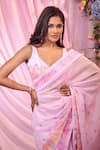 Label Priyanka Kar_Pink Georgette Plunge Neck Floral Hand Embroidered Pre-draped Saree Set _Online_at_Aza_Fashions