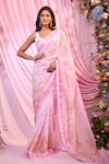 Buy_Label Priyanka Kar_Pink Georgette Plunge Neck Floral Hand Embroidered Pre-draped Saree Set _at_Aza_Fashions