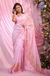 Buy_Label Priyanka Kar_Pink Georgette Plunge Neck Floral Hand Embroidered Pre-draped Saree Set _Online_at_Aza_Fashions