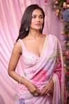 Label Priyanka Kar_Pink Georgette Beads, Embroidery Scoop Neck Floral Hand Pre-draped Saree Set _Online_at_Aza_Fashions