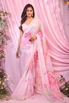 Buy_Label Priyanka Kar_Pink Georgette Beads, Embroidery Scoop Neck Floral Hand Pre-draped Saree Set _at_Aza_Fashions