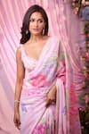 Shop_Label Priyanka Kar_Pink Georgette Beads, Embroidery Scoop Neck Floral Hand Pre-draped Saree Set _Online_at_Aza_Fashions