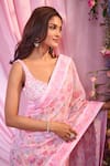 Label Priyanka Kar_Pink Georgette Sequins Round Neck Floral Print Pre-draped Saree Set _Online_at_Aza_Fashions