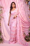 Buy_Label Priyanka Kar_Pink Georgette Sequins Round Neck Floral Print Pre-draped Saree Set _at_Aza_Fashions
