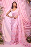 Buy_Label Priyanka Kar_Pink Georgette Sequins Round Neck Floral Print Pre-draped Saree Set _Online_at_Aza_Fashions