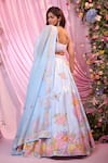 Shop_Label Priyanka Kar_Blue Satin, Georgette Embroidery, Sequins Plunge Neck Floral Lehenga Set _at_Aza_Fashions