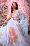 Buy_Label Priyanka Kar_Blue Satin, Georgette Embroidery, Sequins Plunge Neck Floral Lehenga Set _Online_at_Aza_Fashions