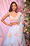 Shop_Label Priyanka Kar_Blue Satin, Georgette Embroidery, Sequins Plunge Neck Floral Lehenga Set _Online_at_Aza_Fashions