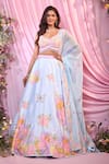 Buy_Label Priyanka Kar_Blue Satin, Georgette Embroidery, Sequins Plunge Neck Floral Lehenga Set _at_Aza_Fashions