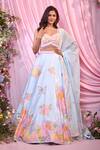 Label Priyanka Kar_Blue Satin, Georgette Embroidery, Sequins Plunge Neck Floral Lehenga Set _at_Aza_Fashions