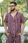 Raas Life_Burgundy Linen, Cotton Stripe Shirt And Shorts Coord Set _at_Aza_Fashions