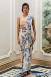 Paulmi And Harsh_Ivory Silk, Georgette Embroidery Round Blue Floral Print Pre-draped Saree Set _Online_at_Aza_Fashions