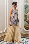 Shop_Paulmi And Harsh_Blue Georgette, Shantoon Sequins And Ivory Printed Designer Tunic & Palazzo Set _Online_at_Aza_Fashions
