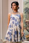 Paulmi And Harsh_Blue Georgette Embroidery, Sequins Round Neck Floral Tunic And Palazzo Set _at_Aza_Fashions