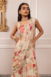 Buy_Paulmi And Harsh_Pink Georgette, Sequins, Beads, Floral Print Pre-draped Saree Set _Online_at_Aza_Fashions